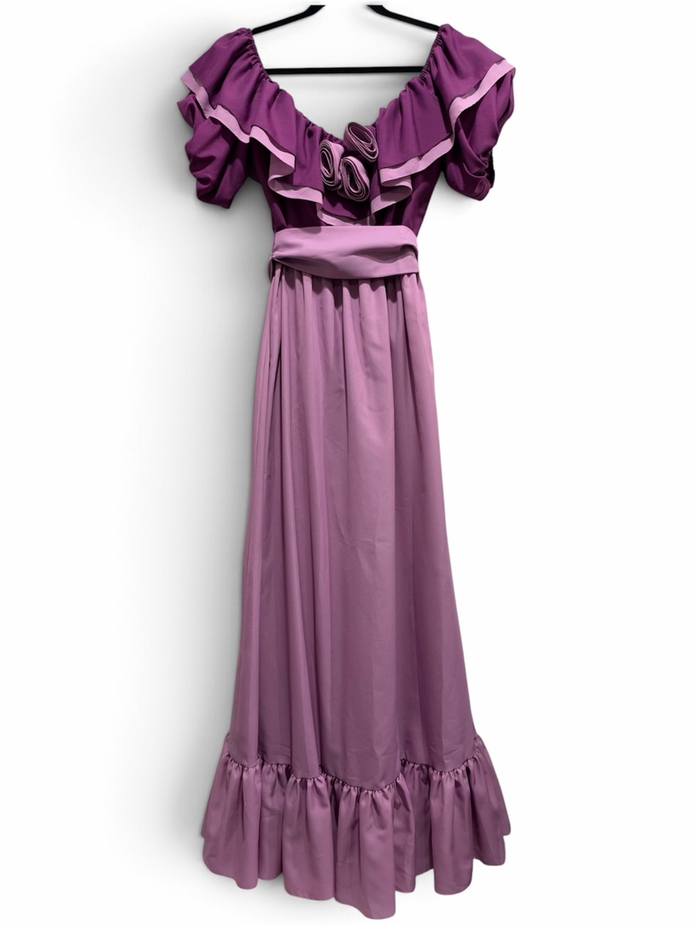 Vintage 70s Purple Ruffle Rosette Prairie Prom Formal Maxi Dress XS/S
